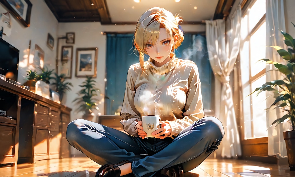 リザと休日の朝、ニット越しのコーヒーと無防備な横顔