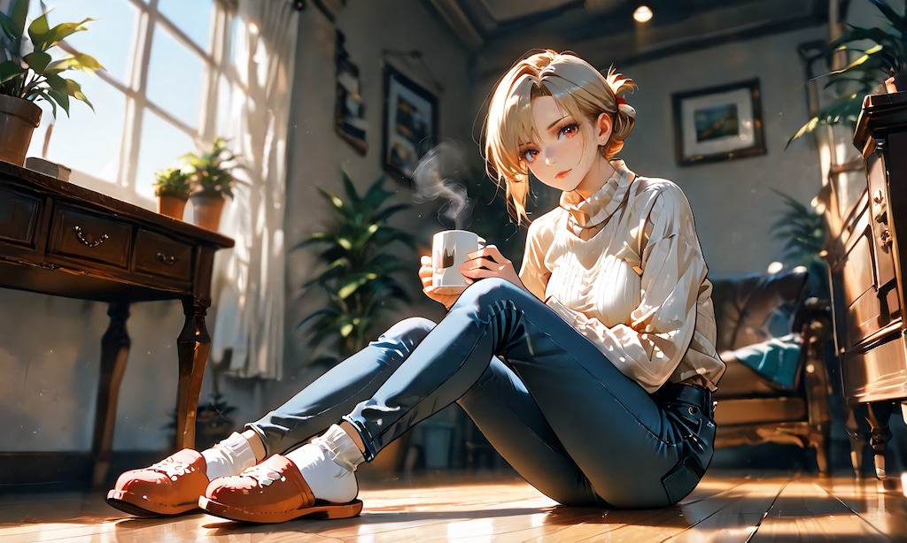 リザと休日の朝、ニット越しのコーヒーと無防備な横顔