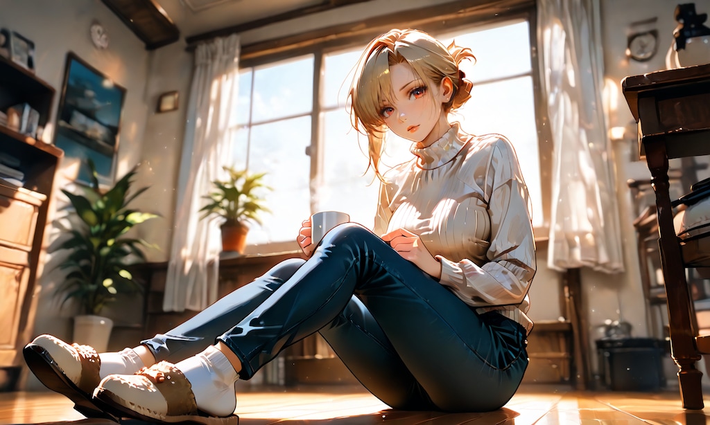 リザと休日の朝、ニット越しのコーヒーと無防備な横顔