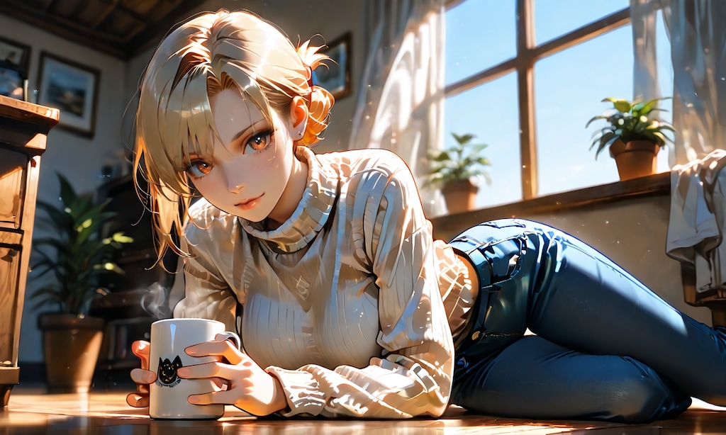 リザと休日の朝、ニット越しのコーヒーと無防備な横顔
