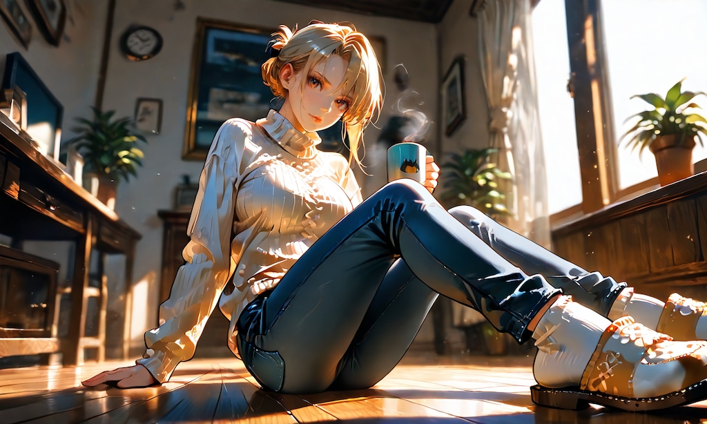 リザと休日の朝、ニット越しのコーヒーと無防備な横顔