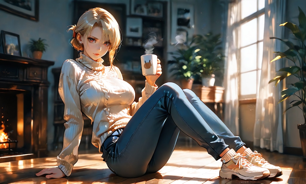リザと休日の朝、ニット越しのコーヒーと無防備な横顔