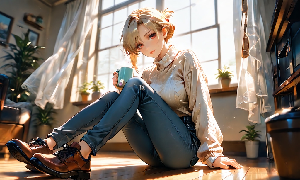 リザと休日の朝、ニット越しのコーヒーと無防備な横顔