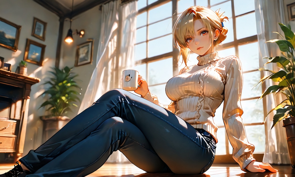 リザと休日の朝、ニット越しのコーヒーと無防備な横顔
