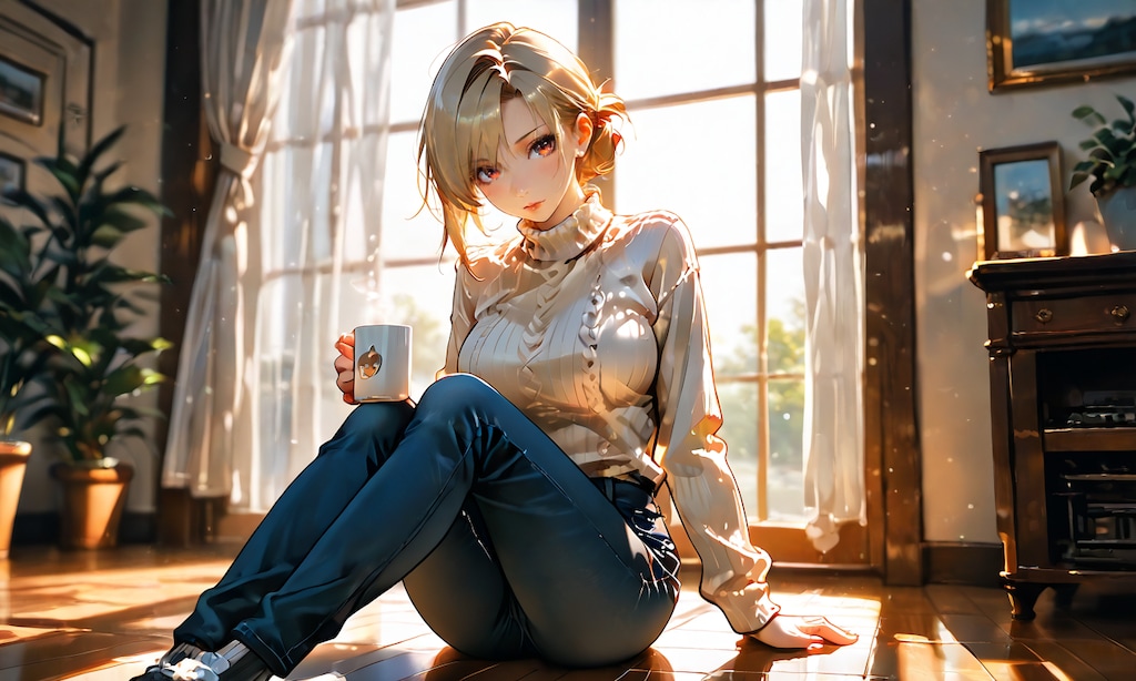 リザと休日の朝、ニット越しのコーヒーと無防備な横顔