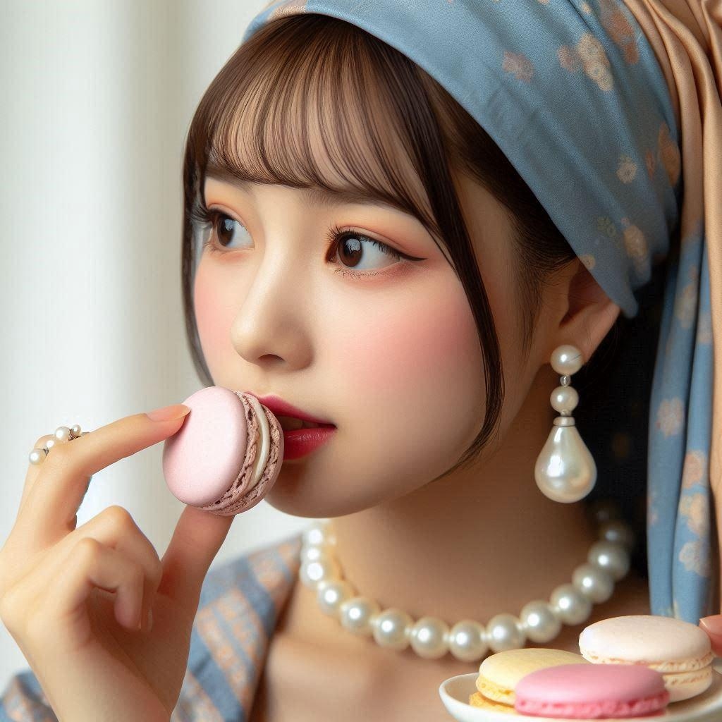 真珠の耳飾りのスイーツ大好きの少女