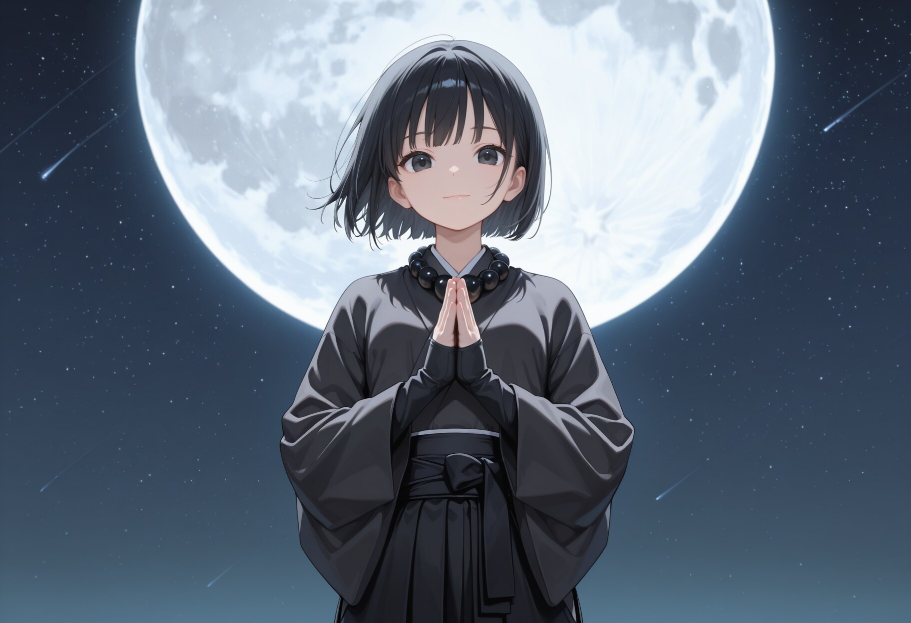 月下で合掌する僧侶さん
