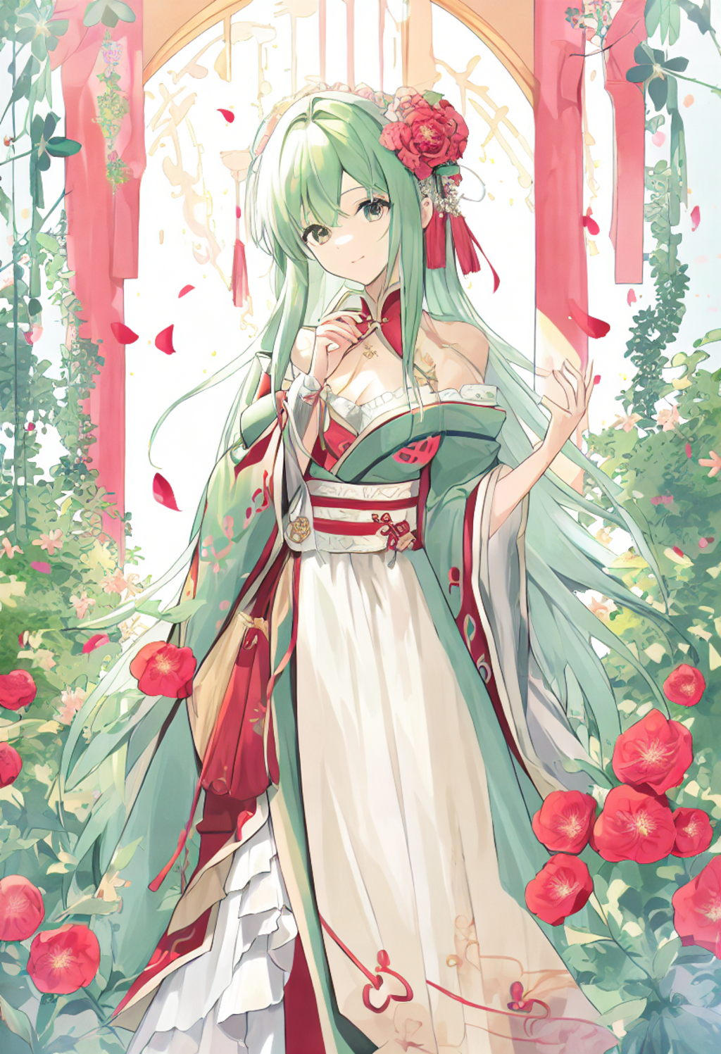 In a magical garden filled with blooming red flowers and lush vines