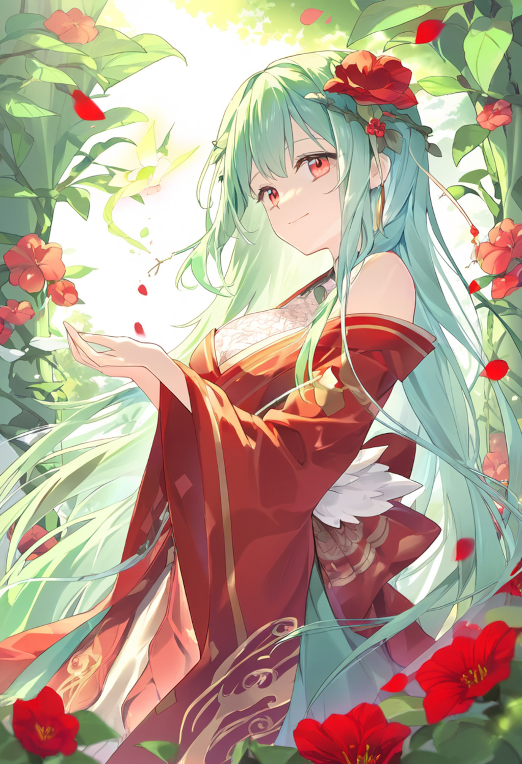 In a magical garden filled with blooming red flowers and lush vines