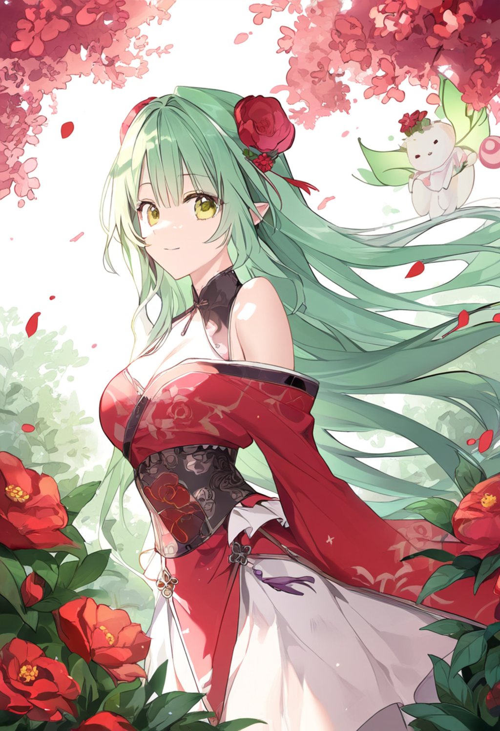 In a magical garden filled with blooming red flowers and lush vines