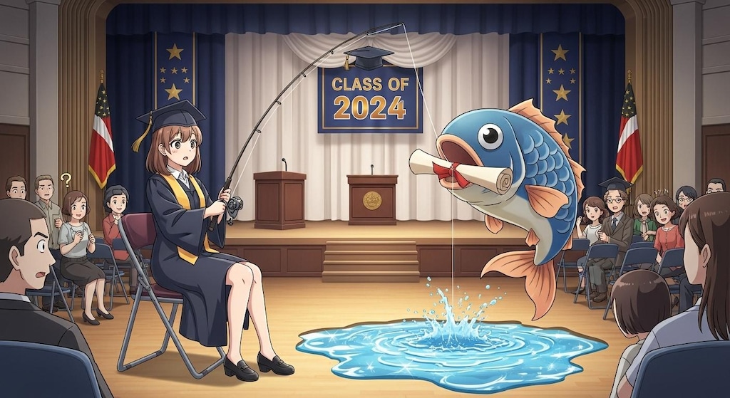 卒業式で釣りをする