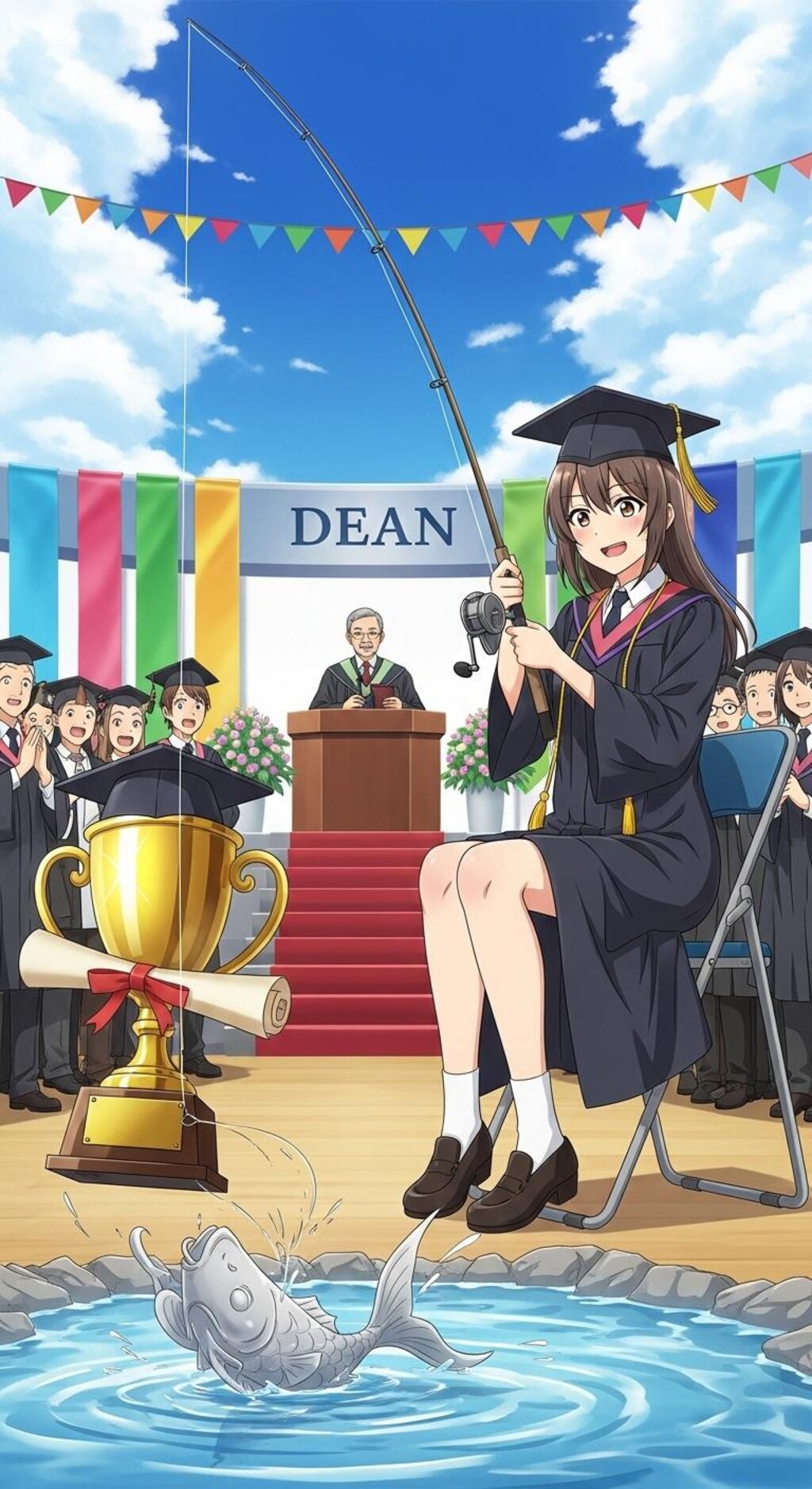 卒業式で釣りをする