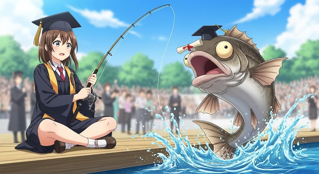 卒業式で釣りをする