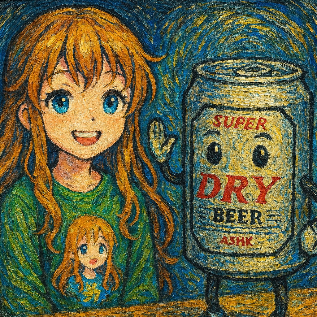 ゴッホ調のビール缶と小さな女の子