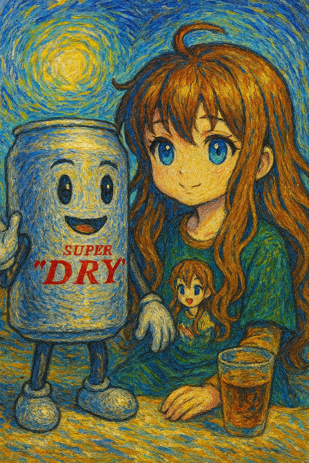 ゴッホ調のビール缶と小さな女の子