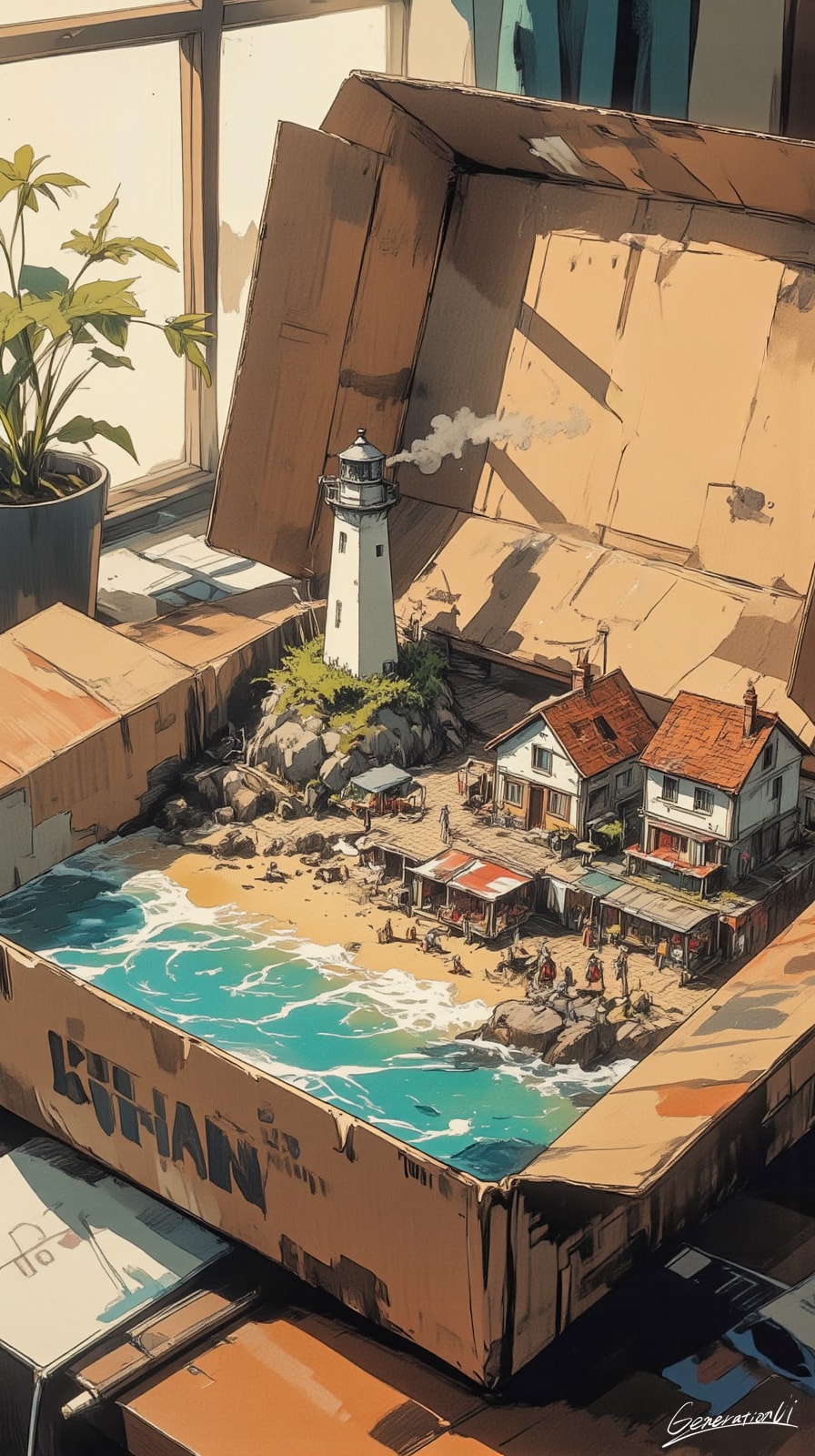 引っ越し荷物に海があった／スマホ壁紙アーカイブ | の人気AIイラスト・グラビア