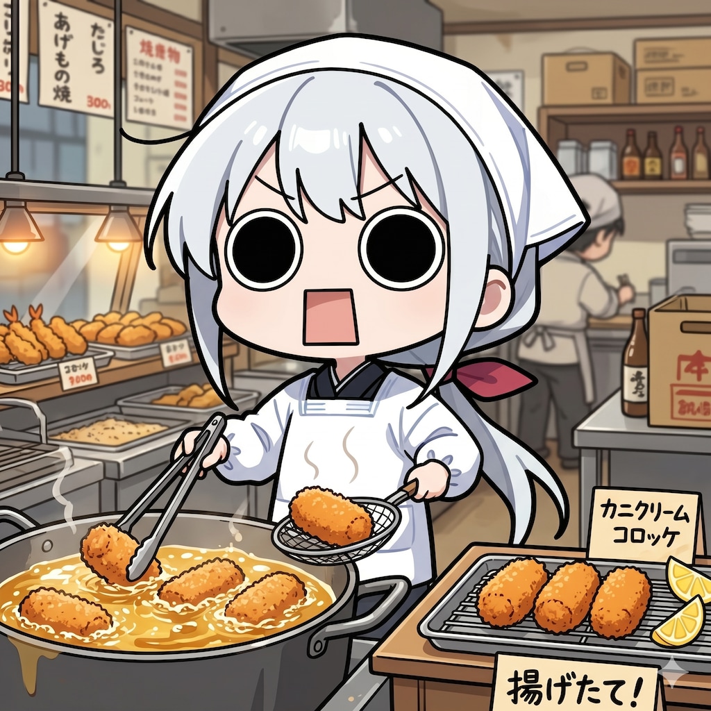 蟹クリームコロッケを揚げるえらいこっちゃ嬢
