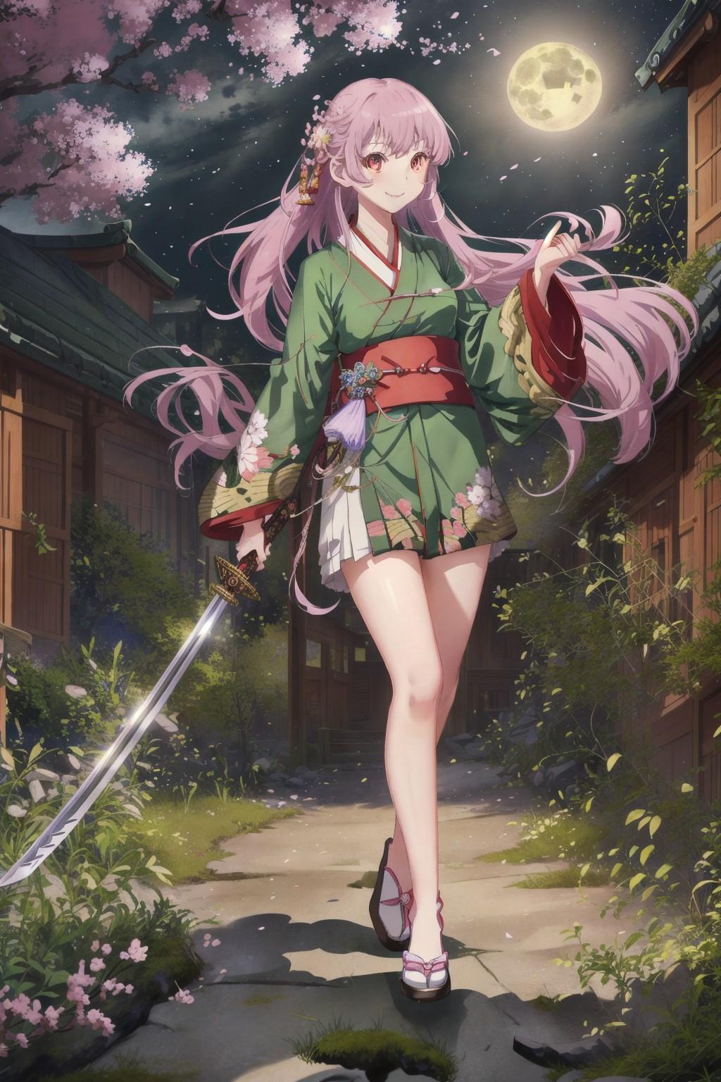 満月、桜、日本刀の少女