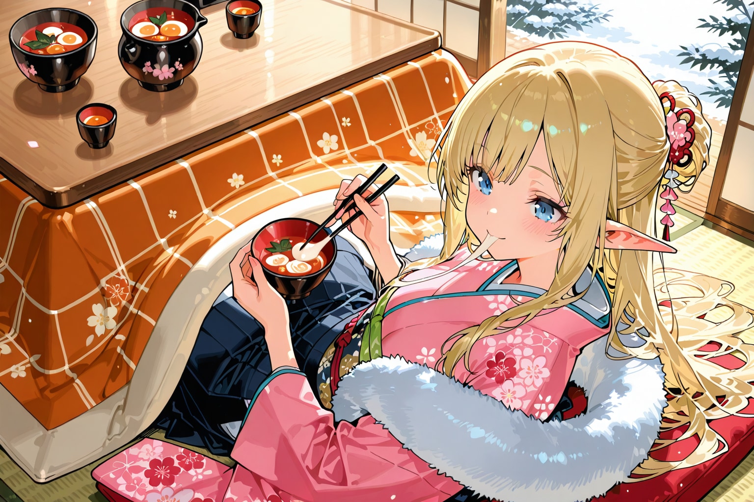 お雑煮を食べるエルフの女の子 | の人気AIイラスト・グラビア