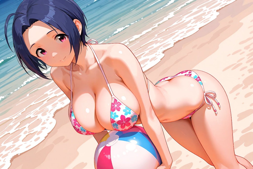 浜辺でビーチボールを持つ三浦あずさ