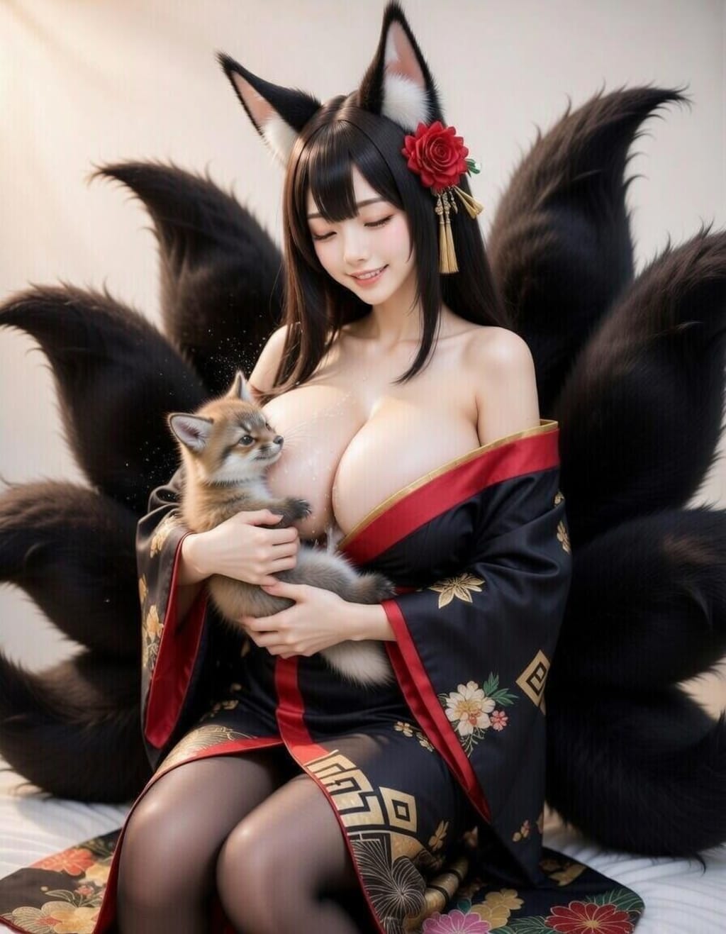 黒髪爆乳九尾の狐娘