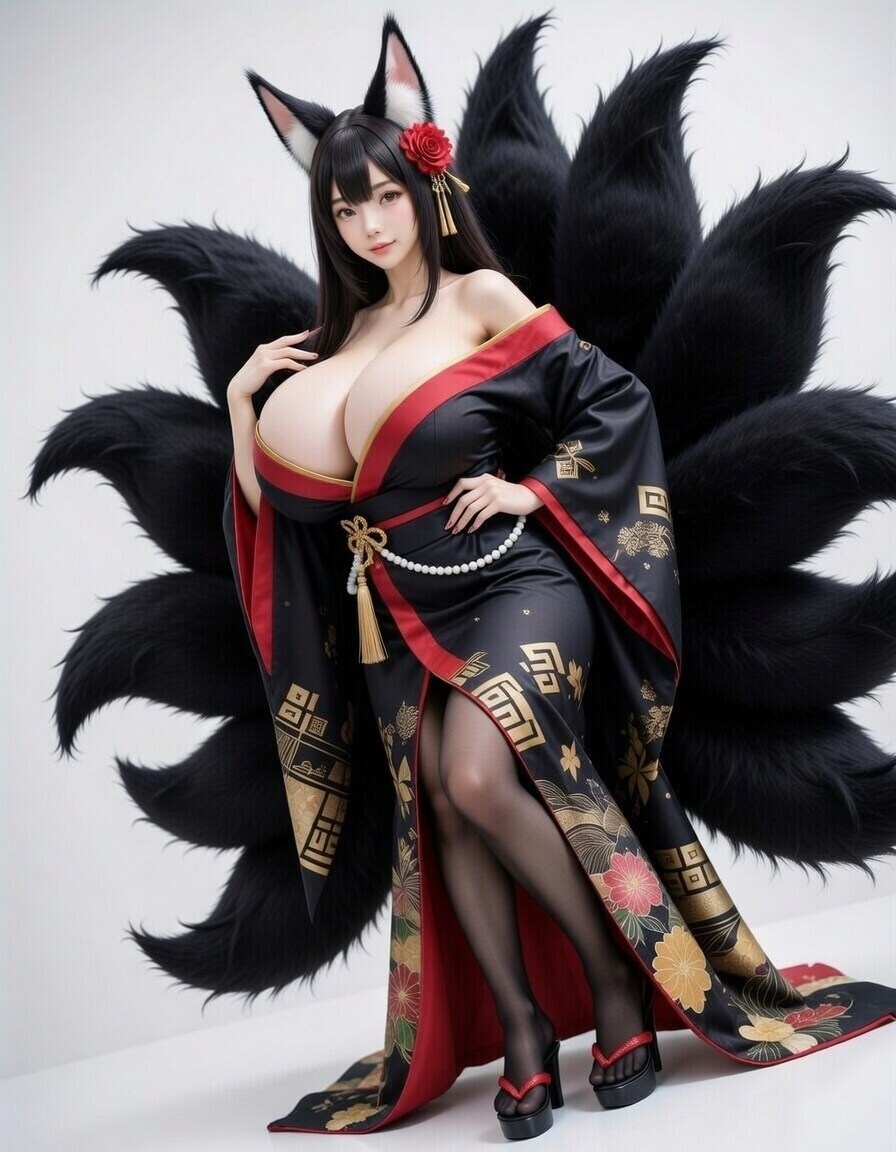 黒髪爆乳九尾の狐娘