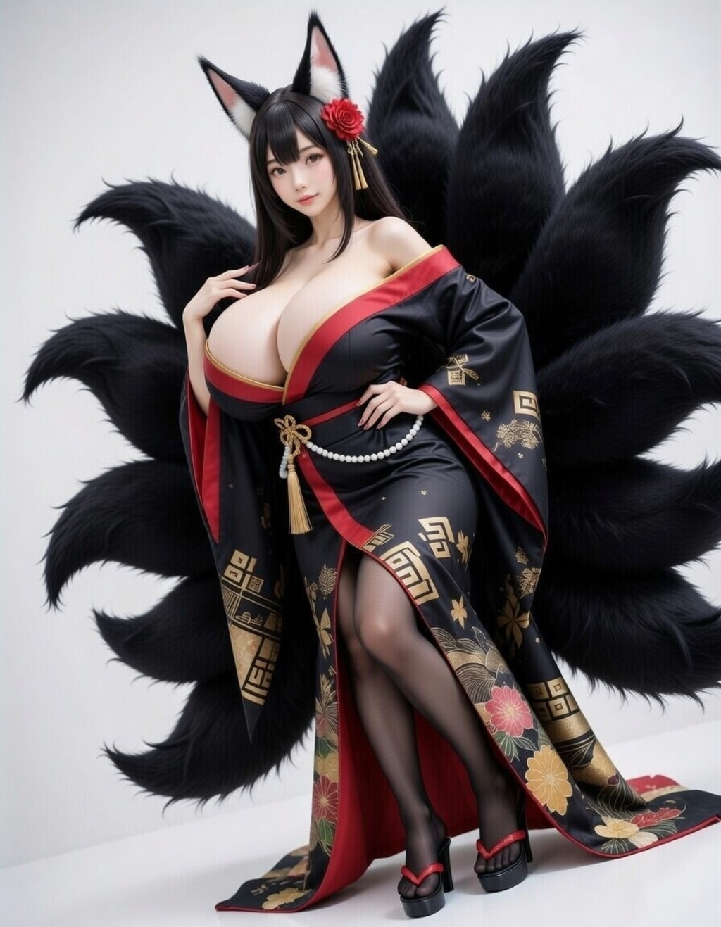 黒髪爆乳九尾の狐娘