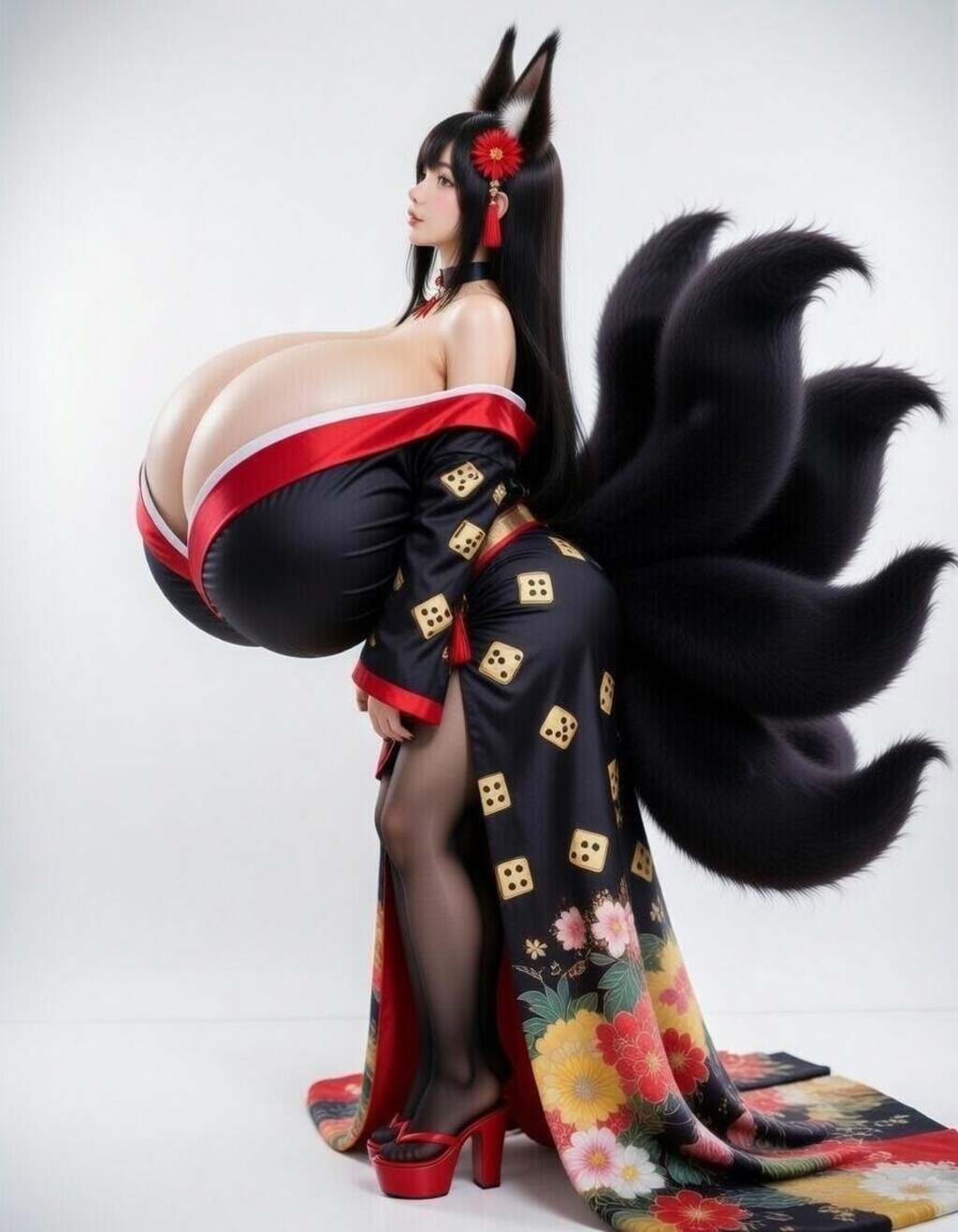 黒髪爆乳九尾の狐娘