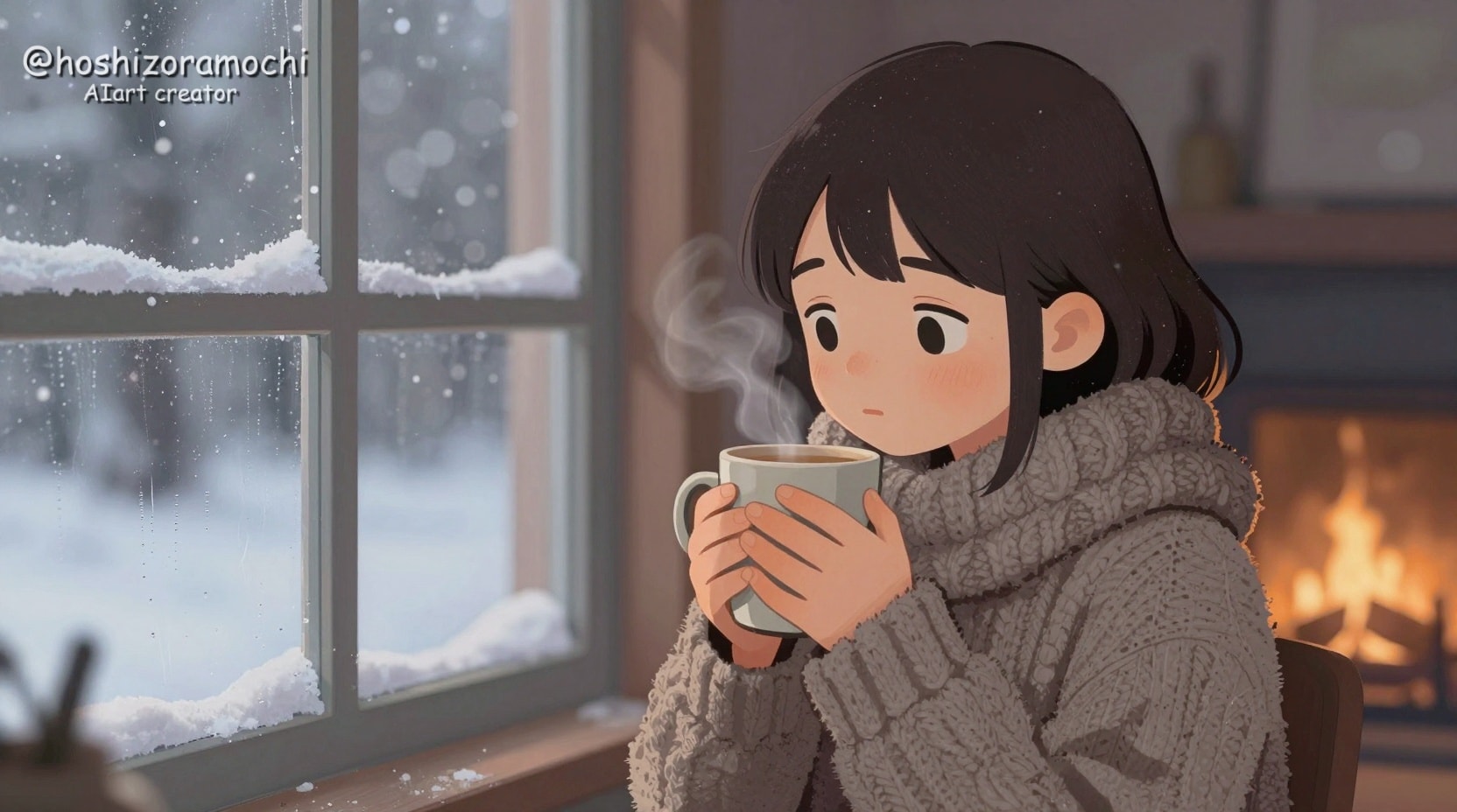 ☕️雪降る窓辺の温かなイラスト | の人気AIイラスト・グラビア