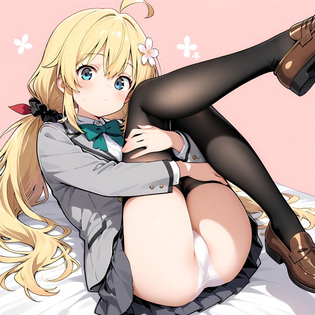 金髪ツインテ莉奈のあざとい脚上げポーズ♡ 白パンツチラ見え///🌸