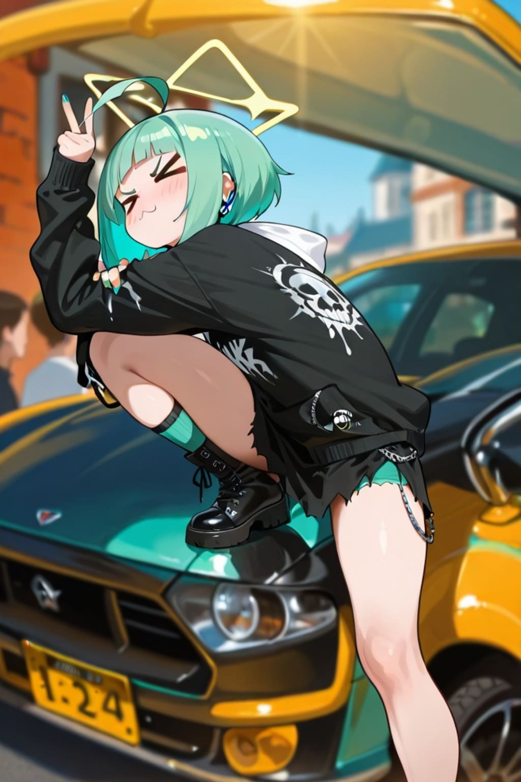 車と緑髪ちゃん