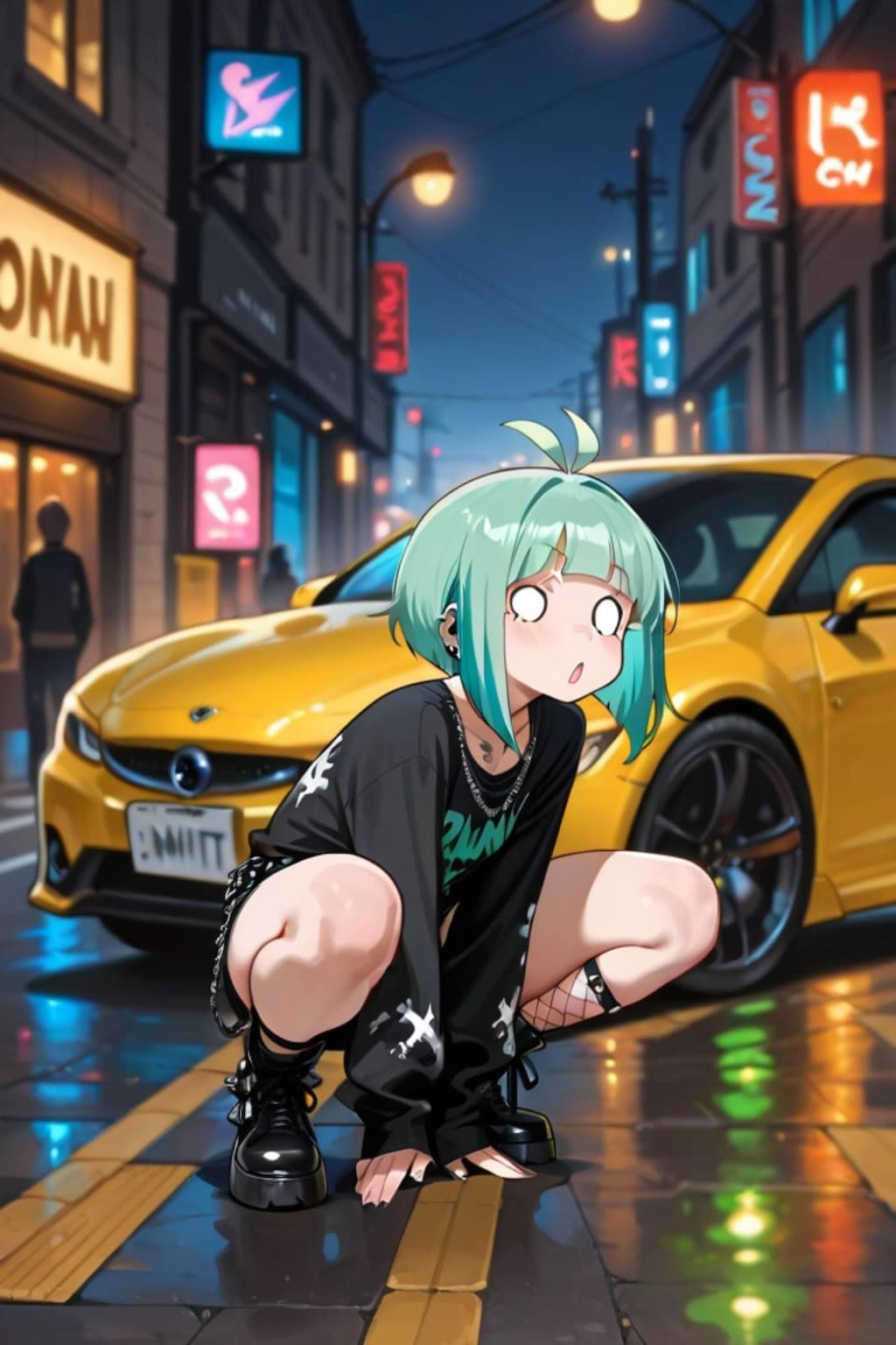 車と緑髪ちゃん