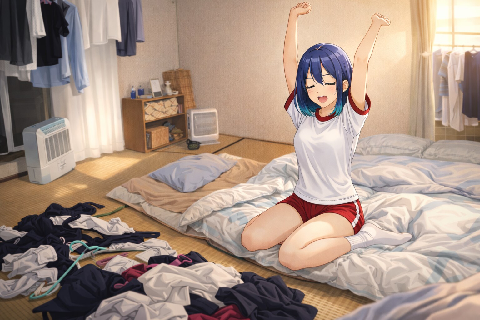 散らかった和室の朝ストレッチ