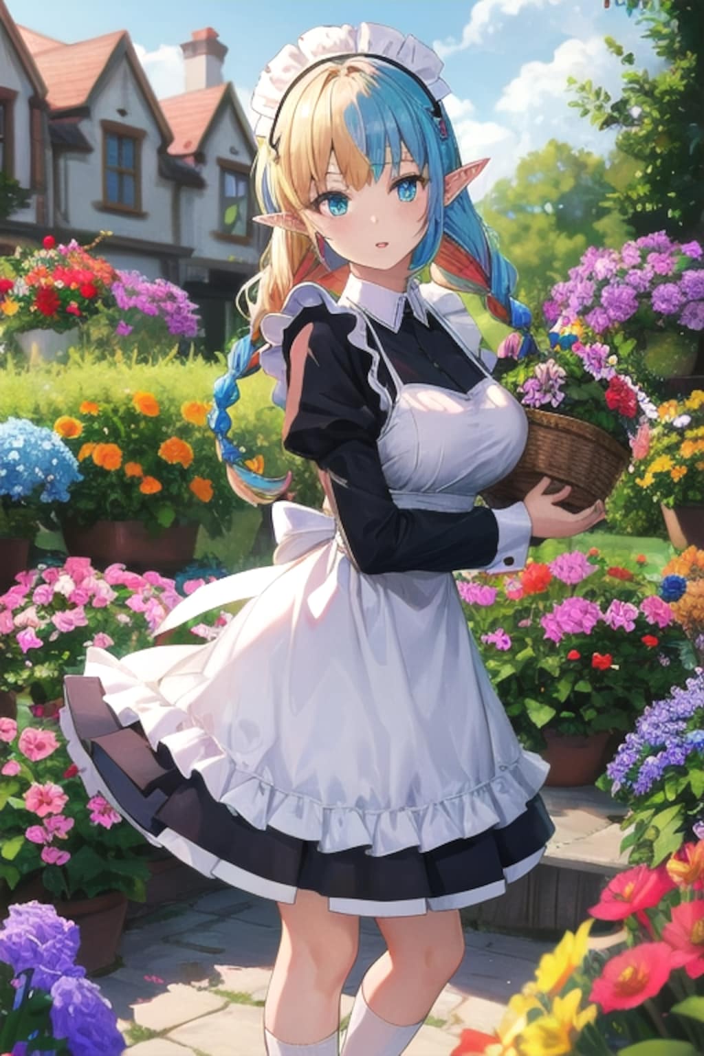 カラフルな庭園のエルフメイド