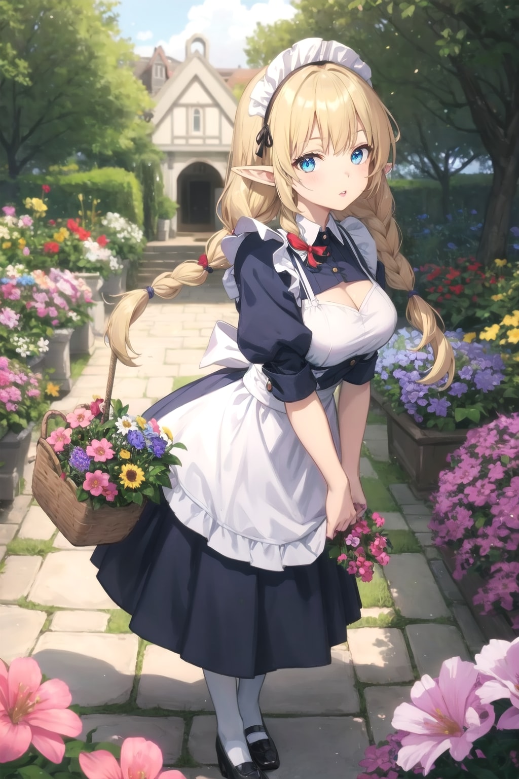 カラフルな庭園のエルフメイド