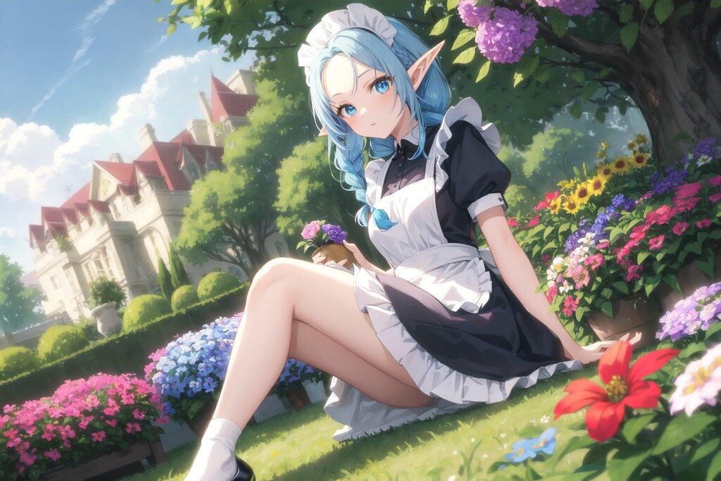 カラフルな庭園のエルフメイド