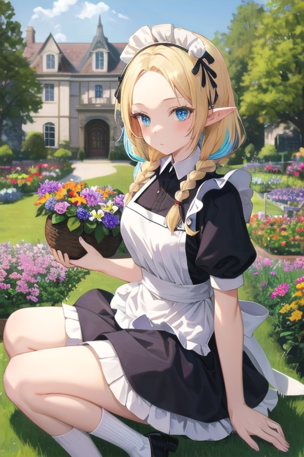 カラフルな庭園のエルフメイド