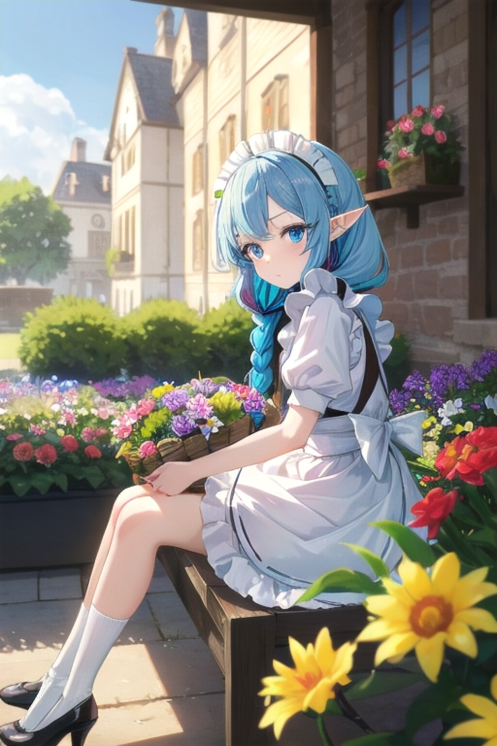 カラフルな庭園のエルフメイド