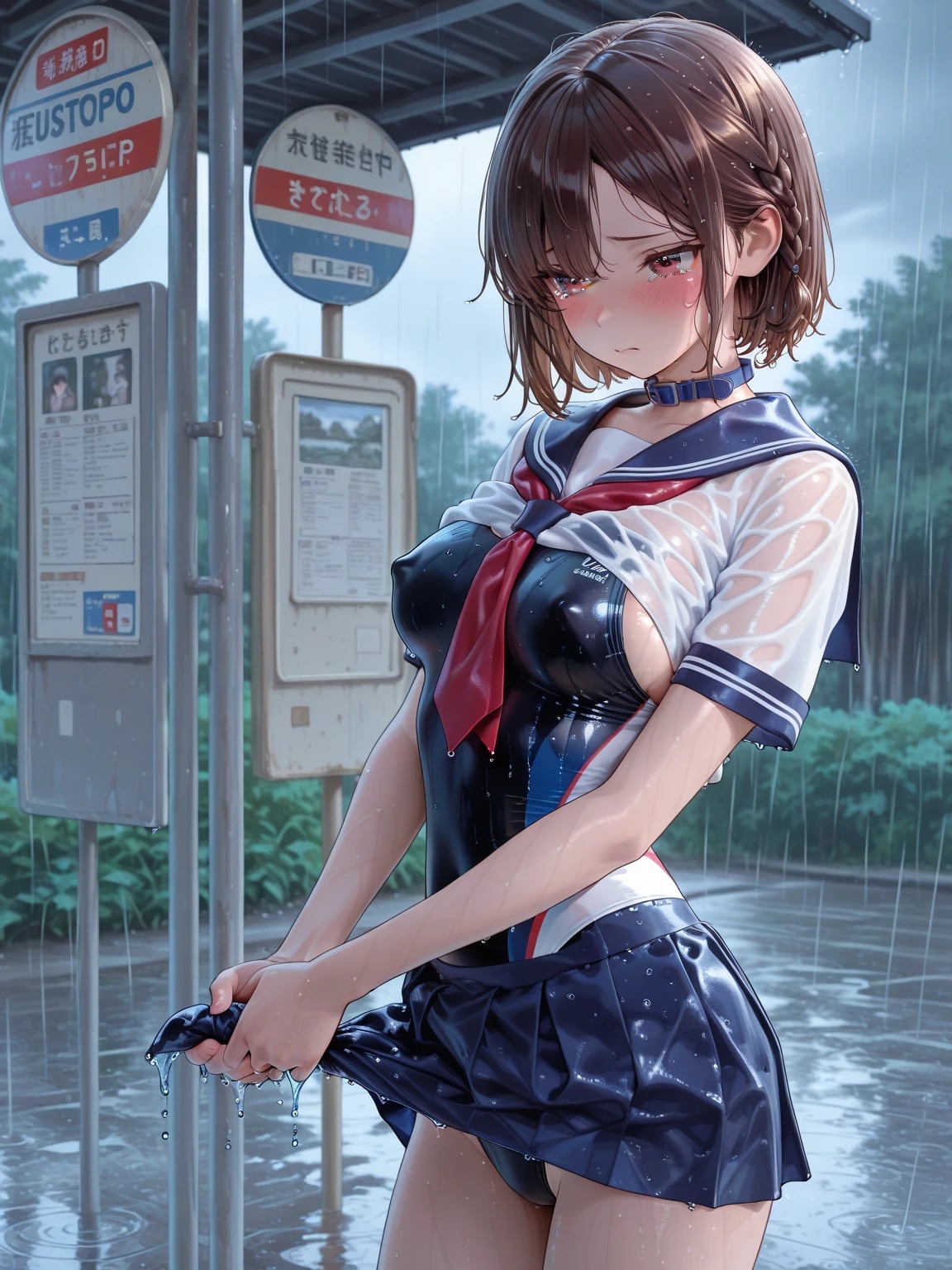 制服と競泳水着ずぶ濡れ