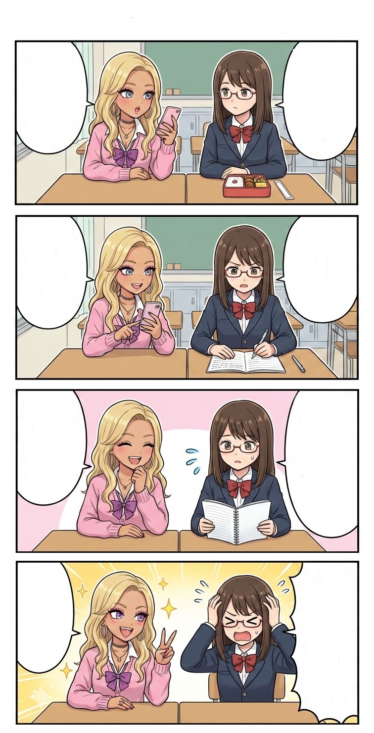 [試験問題（出題者 回答例付き）] 女子高生とギャルが会話する四コマ漫画にセリフを入れてください。（ちちぷいセンター試験）（四コマ漫画【たた８】１７）