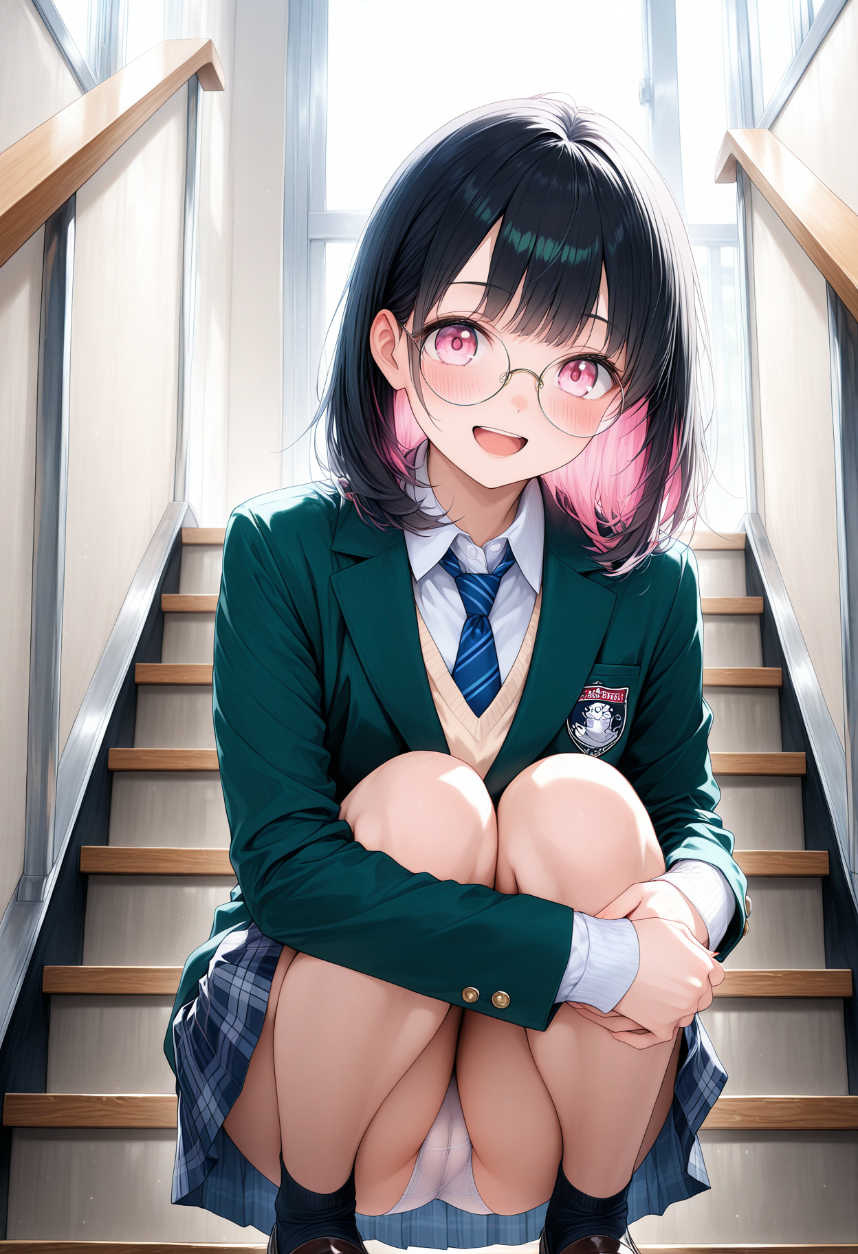 黒髪メガネ 階段パンチラ