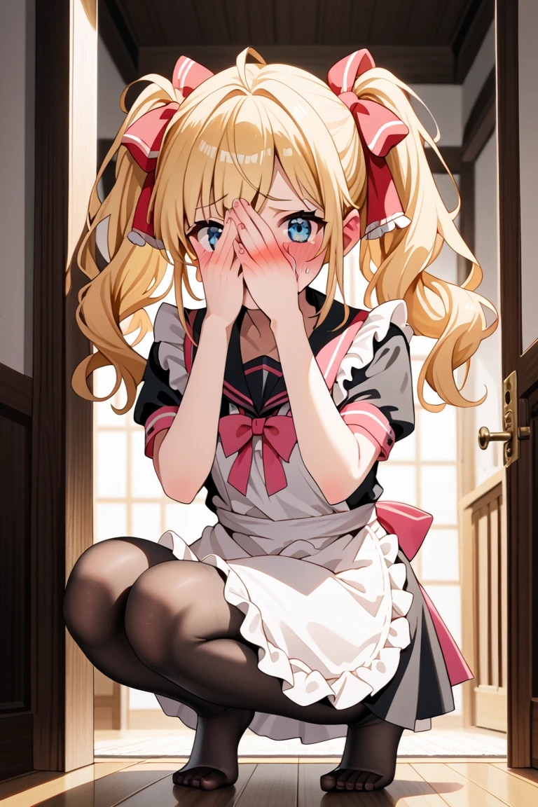 「べ、別に…メイド服でしゃがんで顔隠してるわけじゃないんだから！ ……でも、こんな顔見られたらどうしよう…♡🌸」