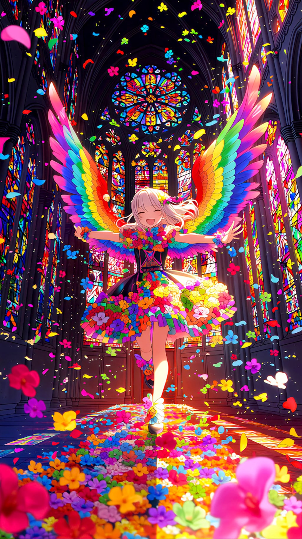 聖堂を彩る虹の翼と花の祝福