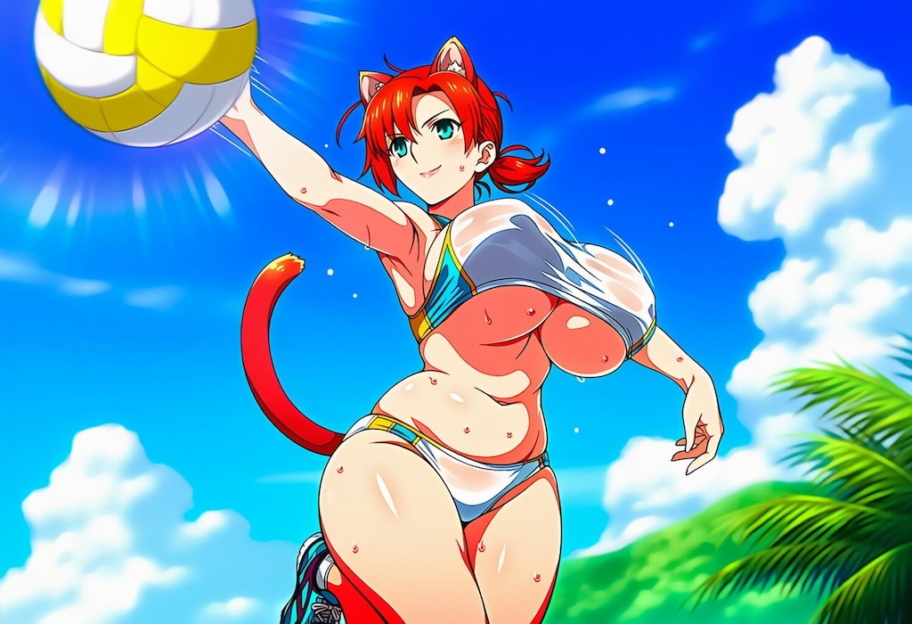 ビーチバレー水着コスプレ猫耳人妻