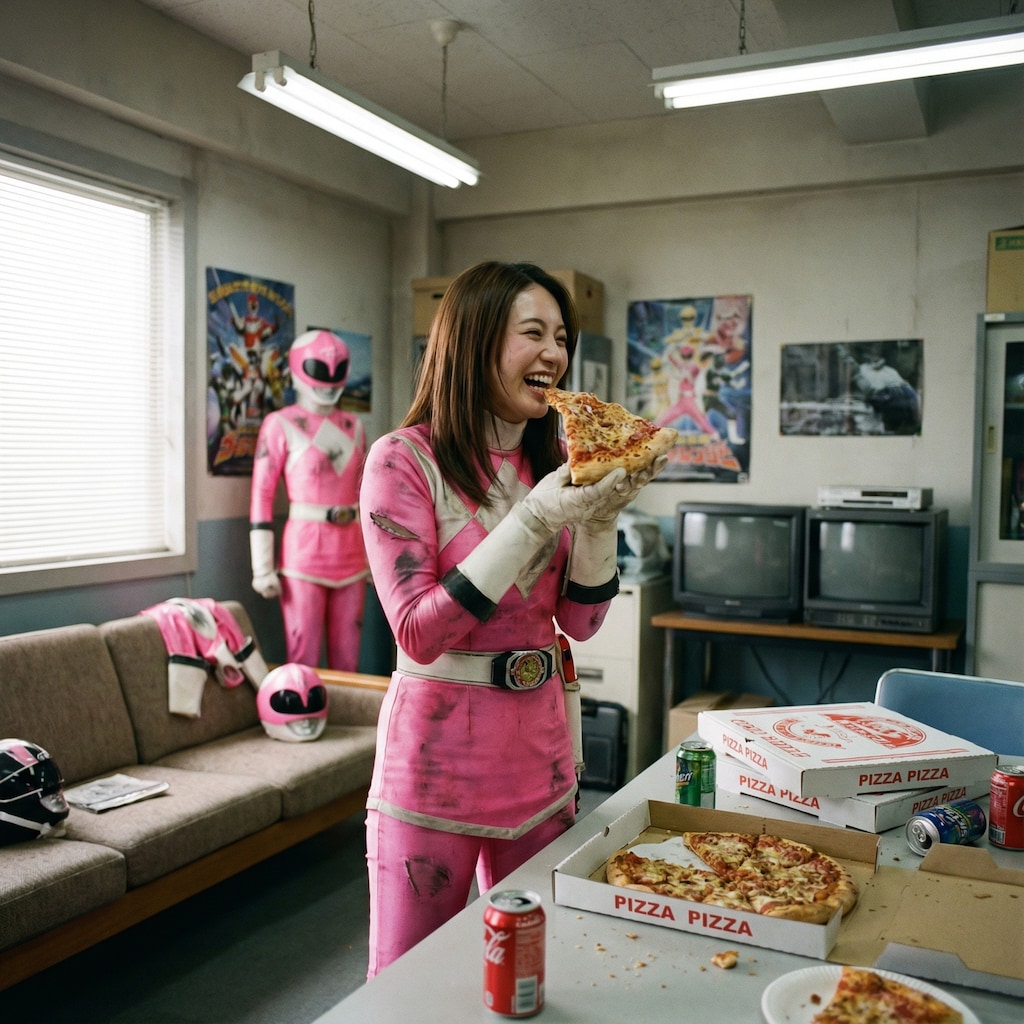 基地を模した撮影所でピザを食べる戦隊ヒロインのピンクさん