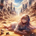 砂嵐と砂漠化した都市で絶望する少女 3枚目