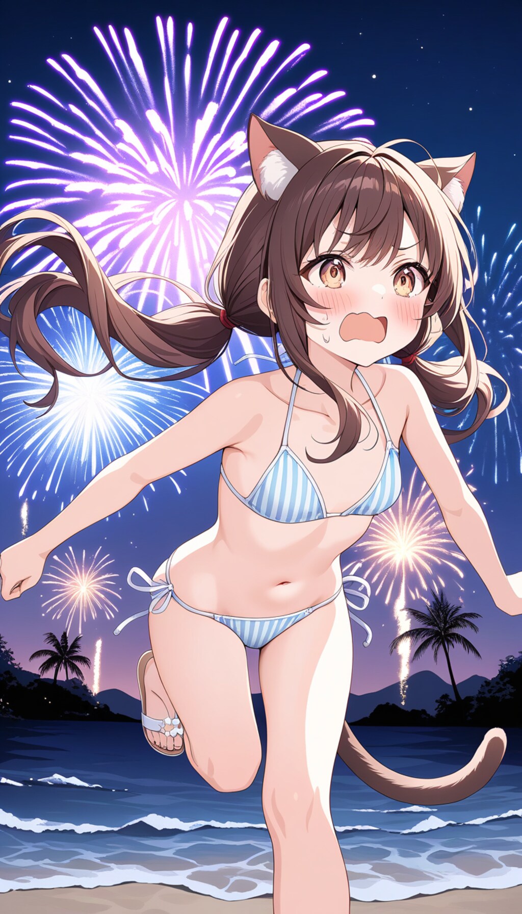 花火に驚く猫耳少女