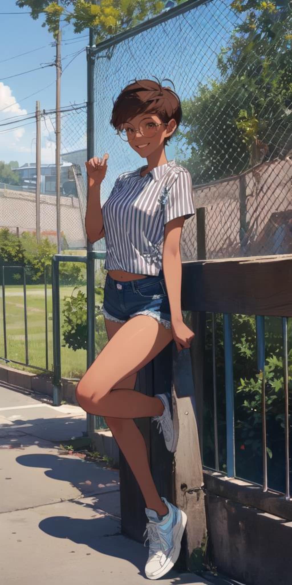 片足を上げた日焼け少女