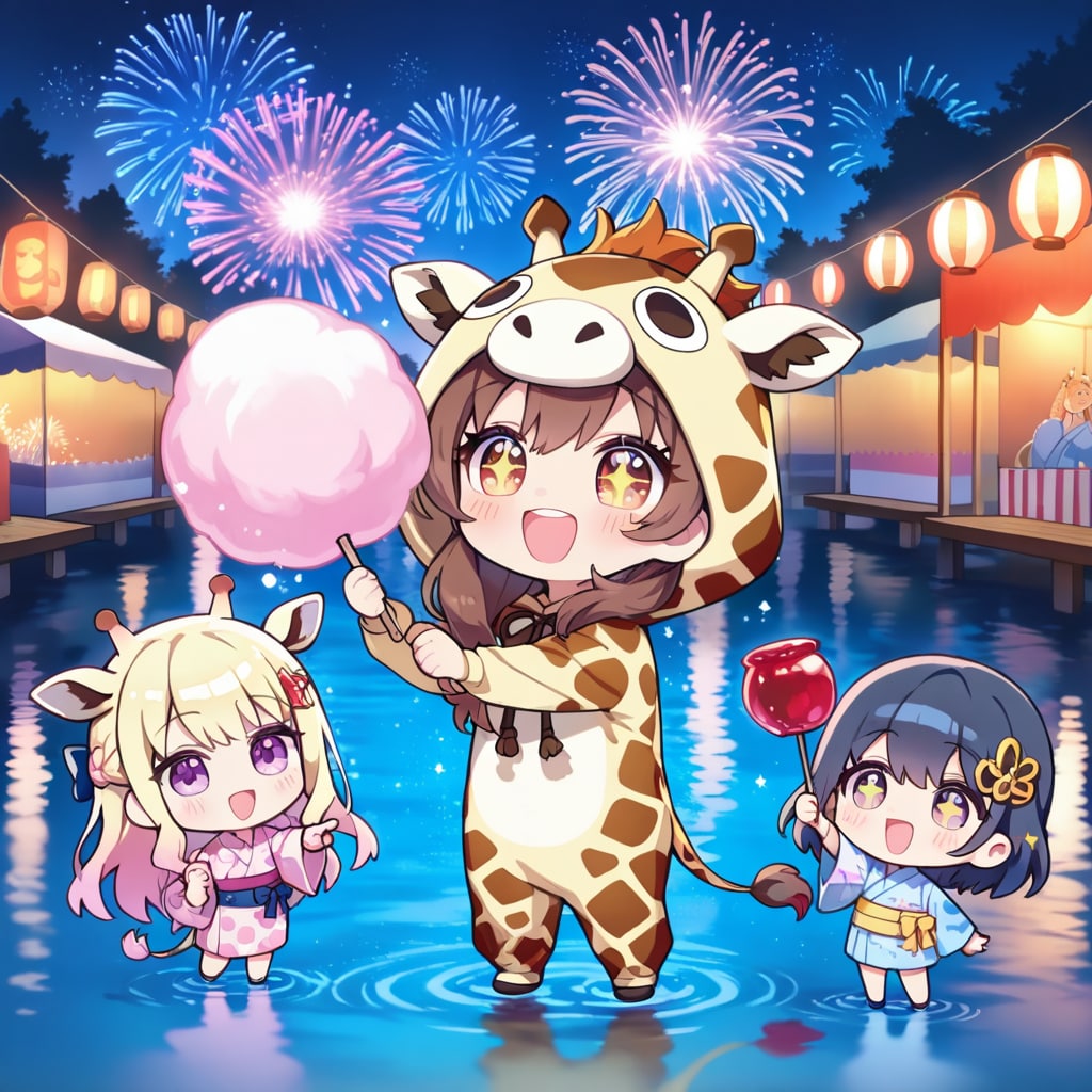 花火とキリン着ぐるみちび子ちゃん