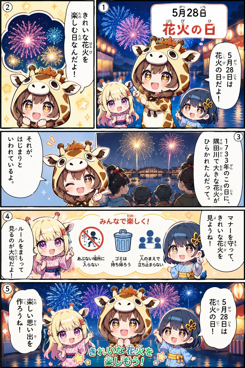 花火とキリン着ぐるみちび子ちゃん